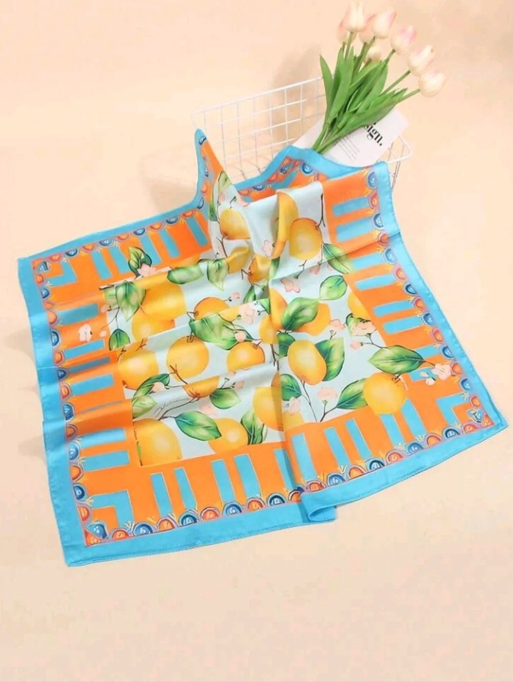 Lemon Print Satin Scarf in Bright Blue & Orange Summer Beach Festival Vacation